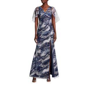 Marchesa Notte Glitter Tulle Cape Sleeve Side Slit Maxi Gown Navy Silver Size 6